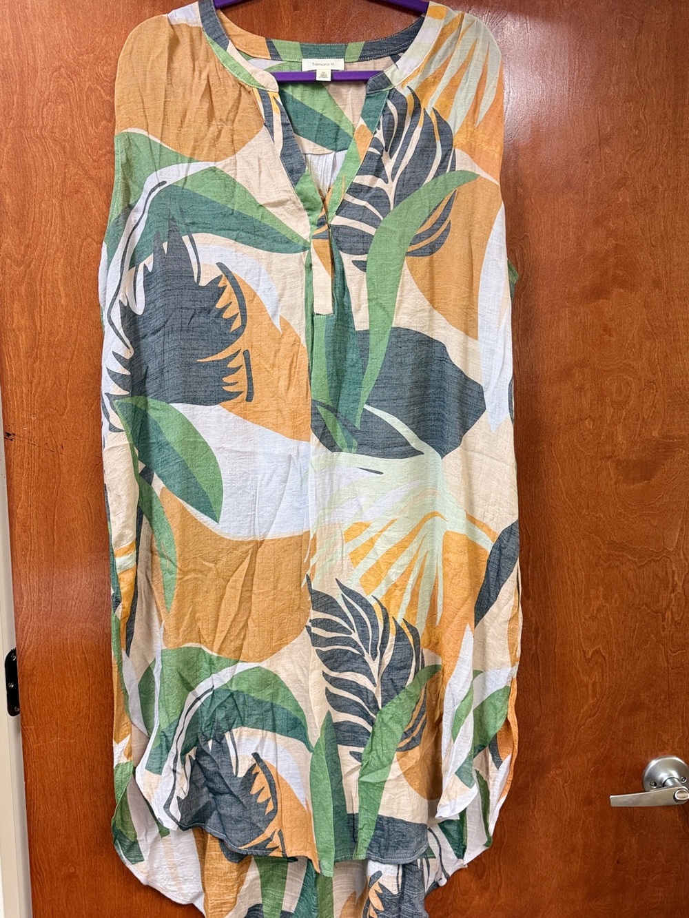 Tamara H 2X Tropical Leaf Print Oversized Tunic Dress Boho Resort